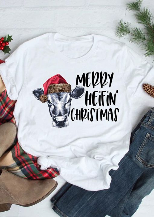 Merry Heifin' Christmas Leopard Printed Splicing t shirt