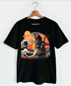 Retro samurai Cat With Wave T-shirt thd